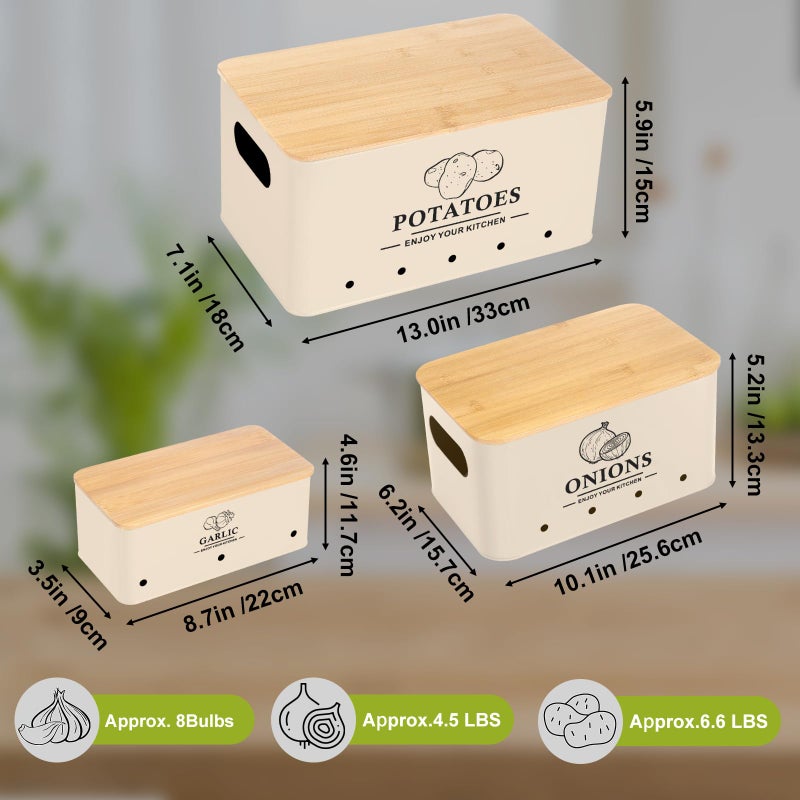 Dekosilave Kitchen Vegetable Storage Set of 3, Metal Onion Garlic Potato Storage Set, Kitchen Canisters Vegetable Keeper Containers with Aerating Holes and Wooden Lid (Beige) - Image 3