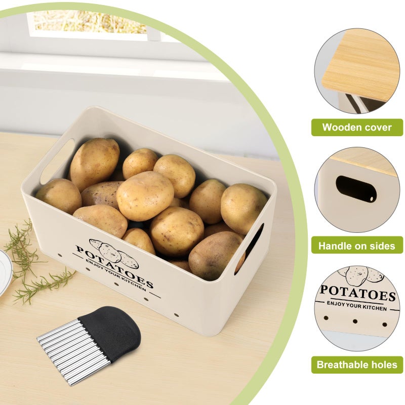 Dekosilave Kitchen Vegetable Storage Set of 3, Metal Onion Garlic Potato Storage Set, Kitchen Canisters Vegetable Keeper Containers with Aerating Holes and Wooden Lid (Beige) - Image 4