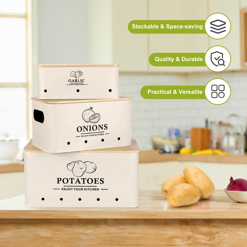 Dekosilave Kitchen Vegetable Storage Set of 3, Metal Onion Garlic Potato Storage Set, Kitchen Canisters Vegetable Keeper Containers with Aerating Holes and Wooden Lid (Beige) - Image 5