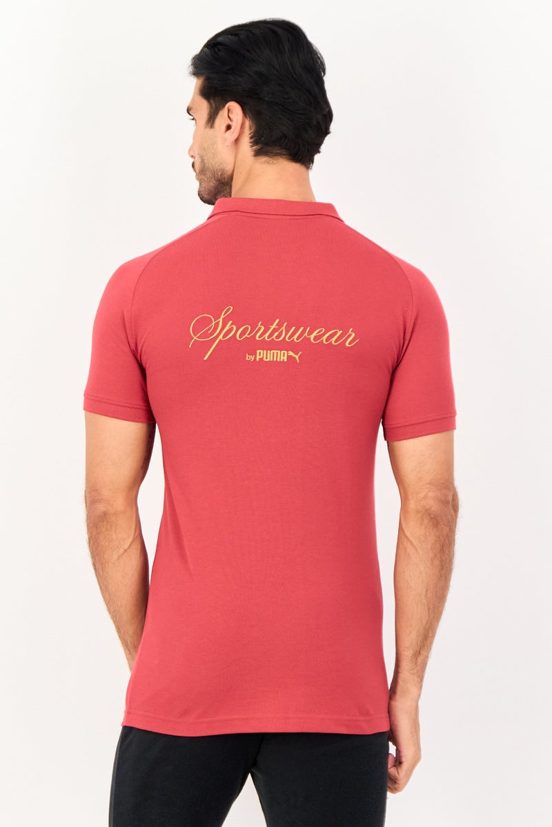 PUMA قميص بولو خارجي قصير الأكمام للرجال بتصميم ضيق مع شعار مطرز، أحمر - Image 3