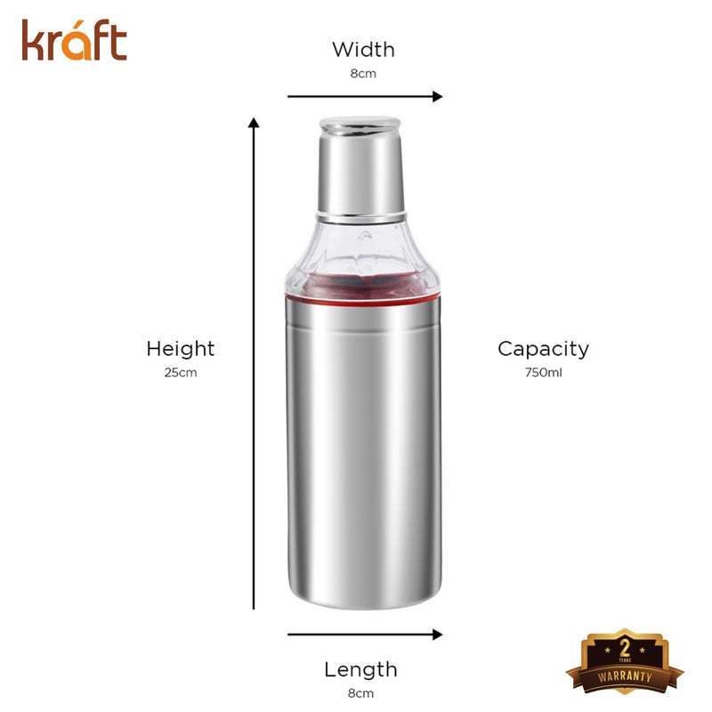 Kraft Stainless Steel Oil Dispenser Bottle with Cap and Nozzle - 750 ml | Easy Flow, Spill Proof, Air Tight | Food Grade Oil Pourer, Container - Silver - Image 3