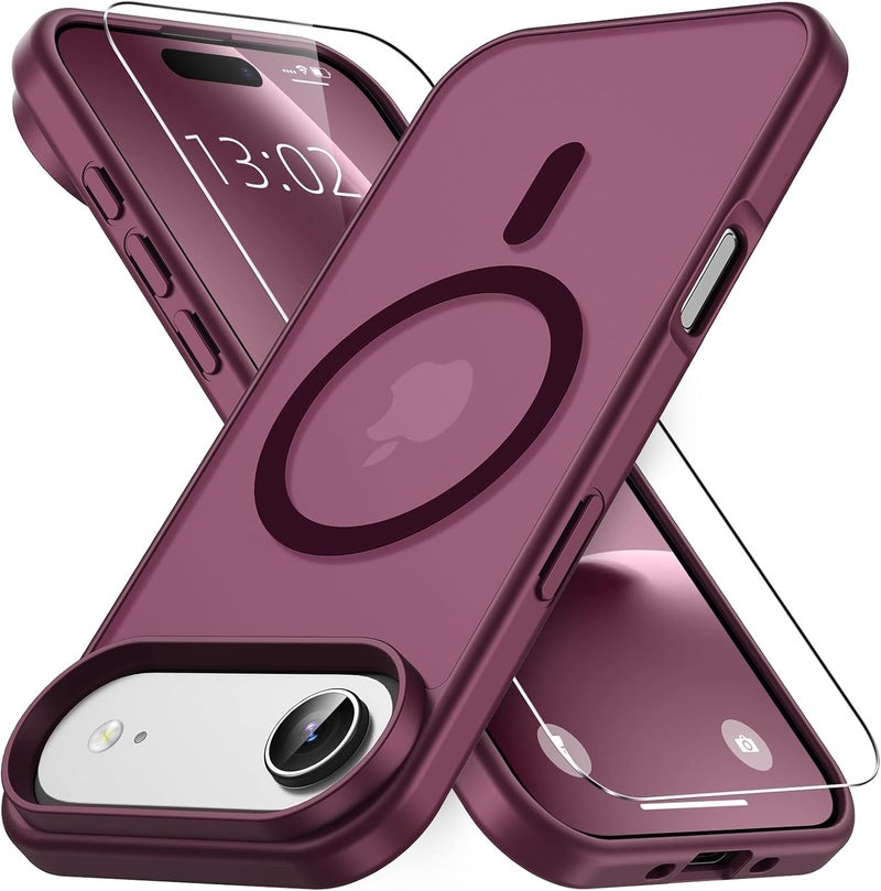 Magnetic for iPhone Air Case with 1 Protective Glass, Compatible with Magsafe, Military Standard Drop Protection, Translucent Matte Back, Shockproof Mobile Phone Case, Wine Red