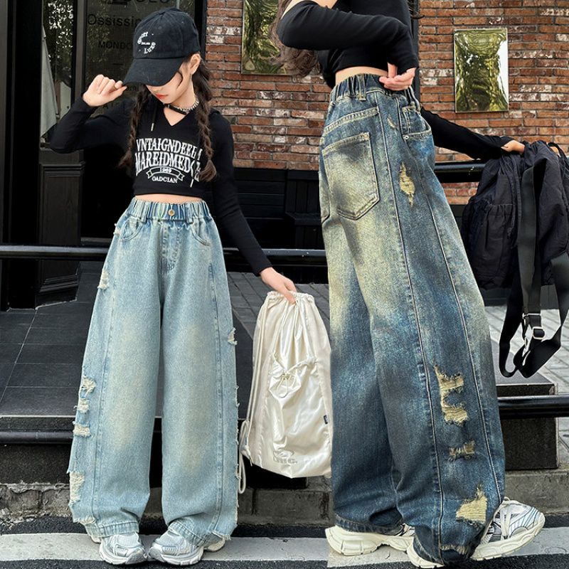 High Quality Original Large Number Of Girls Jeans Long Johns Medium And Large Children'S Western Style Straight Leg Pants Wide Leg Pants Korean Fashion - Image 3