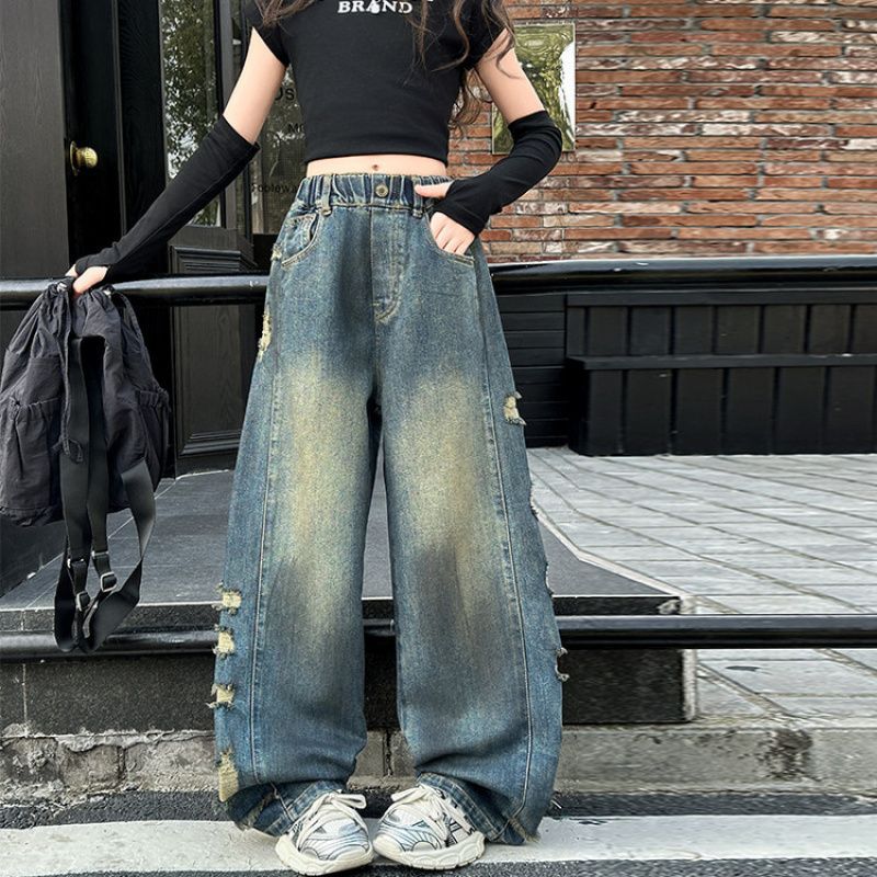 High Quality Original Large Number Of Girls Jeans Long Johns Medium And Large Children'S Western Style Straight Leg Pants Wide Leg Pants Korean Fashion - Image 5