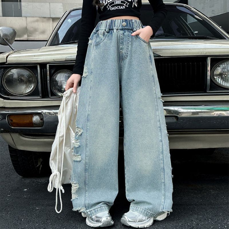 High Quality Original Large Number Of Girls Jeans Long Johns Medium And Large Children'S Western Style Straight Leg Pants Wide Leg Pants Korean Fashion - Image 1