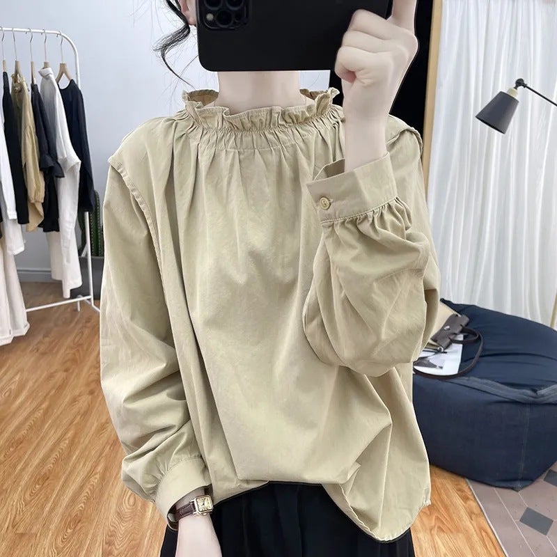 Womens Spring Summer Cotton Linen Long Sleeve Shirt Loose Lantern Sleeve Lotus Leaf Collar Vintage Anti-Aging Top Overhead N#A22 khaki  - Image 1