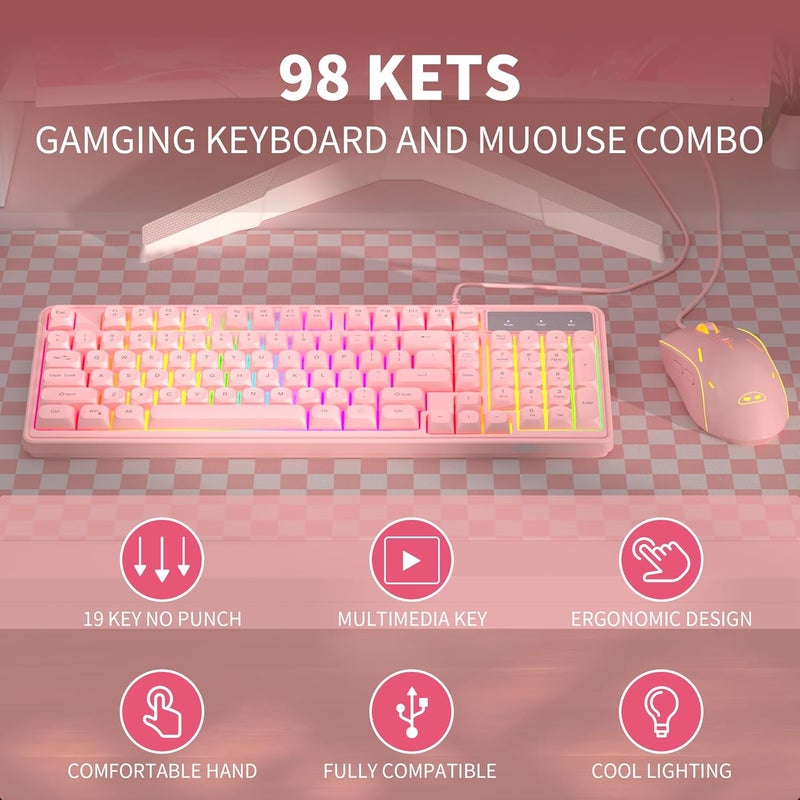 Pink Gaming Keyboard and Mouse Combo, GK980 Wired Backlit for PC/Laptop/MAC With Adjustable DPI - Image 3