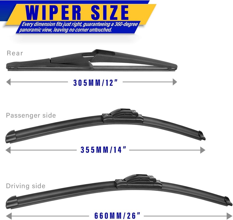 Rooppa 3 wipers Replacement for 2008-2013 Nissan Rogue, Windshield Wiper Blades Original Equipment Replacement - 26"/14"/12" (Set of 3) U/J HOOK - Image 2