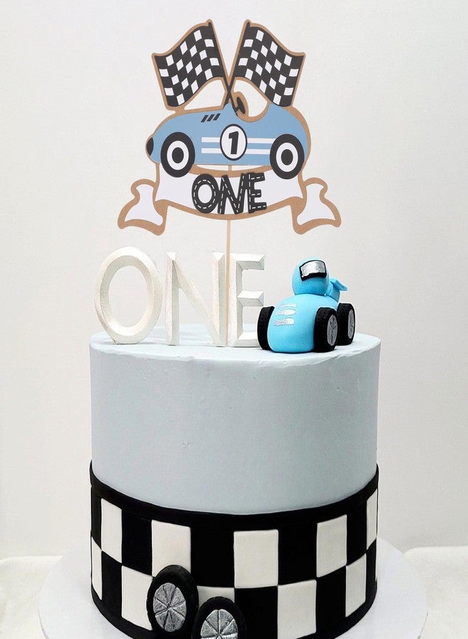 ZZDCMS Racing 1st Birthday Cake Topper - Fast One Birthday Decorations,Little Racer Smash Cake Photo Prop,Vintage Blue Race Car Cake Topper,One Fast Racing Party Decorations - Image 3