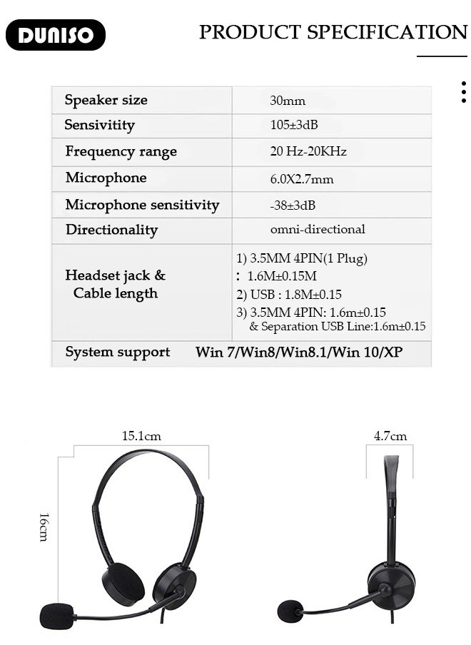 DUNISO Call Center Headset Corded Business Headphone with Stable Unilateral Earhook Classical Fashion Lightweight Comfortable USB Headset with Microphone Wired Customer Service Headphone for Home Call Center Telemarketing Portable Business Headset for Offices, Insurance, Customer  - Image 2