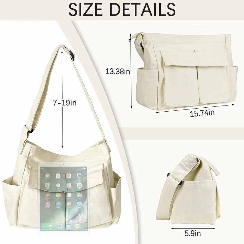 Canvas Messenger Bag: 15.74*13.38*5.90In White Wear-resistant High-quality Canvas - Adjustable Strap Multi-pocket Design Large Capacity Bag for Daily Office Shopping Travel School - Image 5