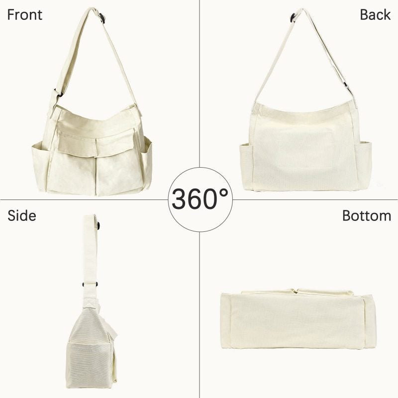 Canvas Messenger Bag: 15.74*13.38*5.90In White Wear-resistant High-quality Canvas - Adjustable Strap Multi-pocket Design Large Capacity Bag for Daily Office Shopping Travel School - Image 2