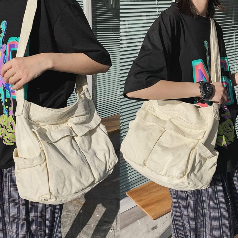 Canvas Messenger Bag: 15.74*13.38*5.90In White Wear-resistant High-quality Canvas - Adjustable Strap Multi-pocket Design Large Capacity Bag for Daily Office Shopping Travel School - Image 4