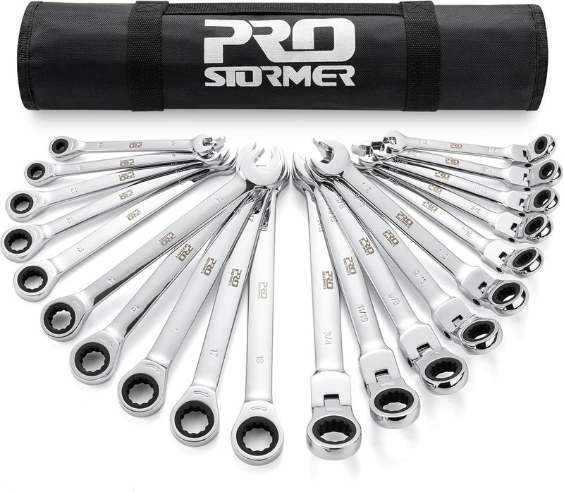 Prostormer Ratcheting Combination Wrench Set, 20-Piece SAE & Metric Wrench Kit with Pouch, 72-Tooth, Cr-V Steel, 10Pcs Flex-Head 1/4" to 3/4" & 10Pcs Fixed Head 6-18mm - Image 1