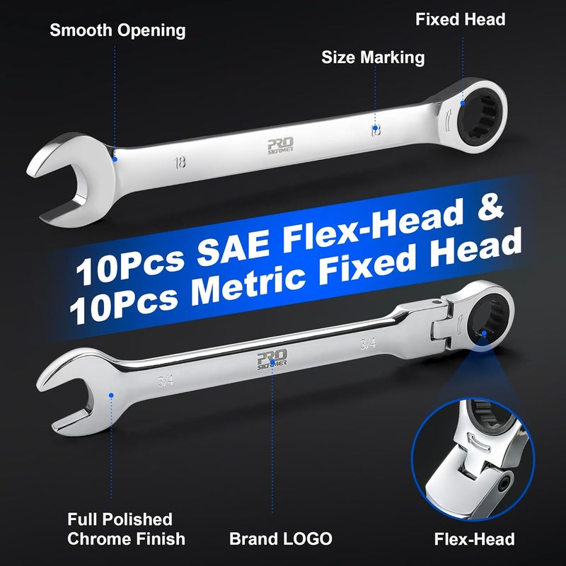 Prostormer Ratcheting Combination Wrench Set, 20-Piece SAE & Metric Wrench Kit with Pouch, 72-Tooth, Cr-V Steel, 10Pcs Flex-Head 1/4" to 3/4" & 10Pcs Fixed Head 6-18mm - Image 4
