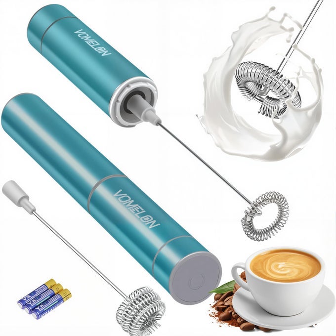 MILK FROTHER HANDHELD BATTERY OPERATED COFFEE FOAMER DRINK MIXER WITH 2 STAINLESS STEEL ELECTRIC WHISKS FOR COFFEE LATTE CAPPUCCINO HOT CHOCOLATE PROTEIN BATTERIES INCLUDED LIGHT BLUE