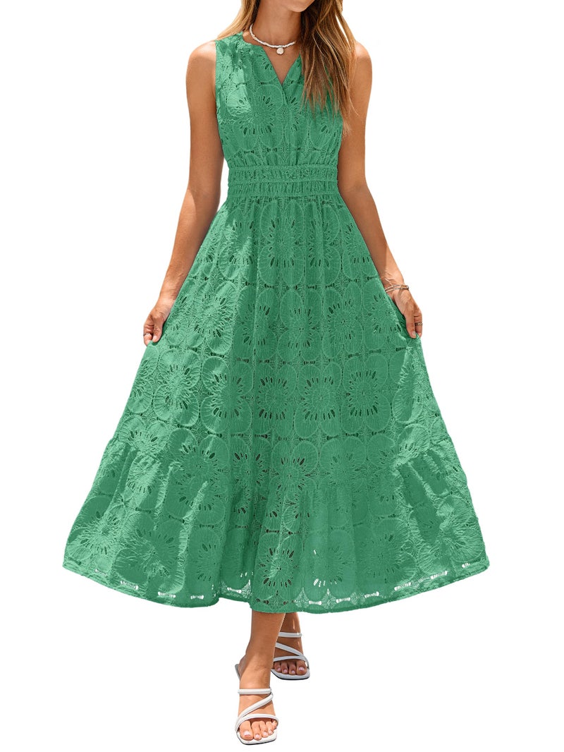Simplee Women Summer Lace Eyelet Maxi Dress 2026 Sleeveless Casual V Neck A Line Boho Flowy Beach Wedding Guest Long Dresses Green M - Image 1