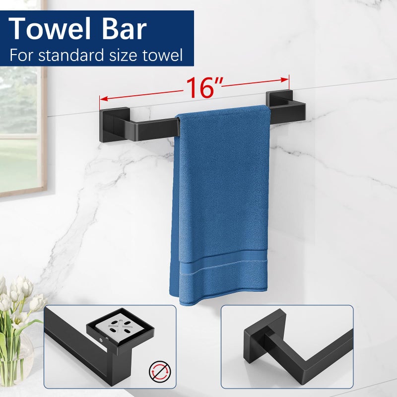 Gypie 5-Piece Bathroom Hardware Accessories Set, Towel Racks for Bathroom Wall Mounted Stainless Steel, Matte Black Towel Bar Set 16In - Image 2