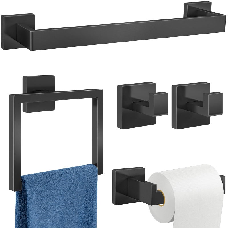 Gypie 5-Piece Bathroom Hardware Accessories Set, Towel Racks for Bathroom Wall Mounted Stainless Steel, Matte Black Towel Bar Set 16In - Image 1