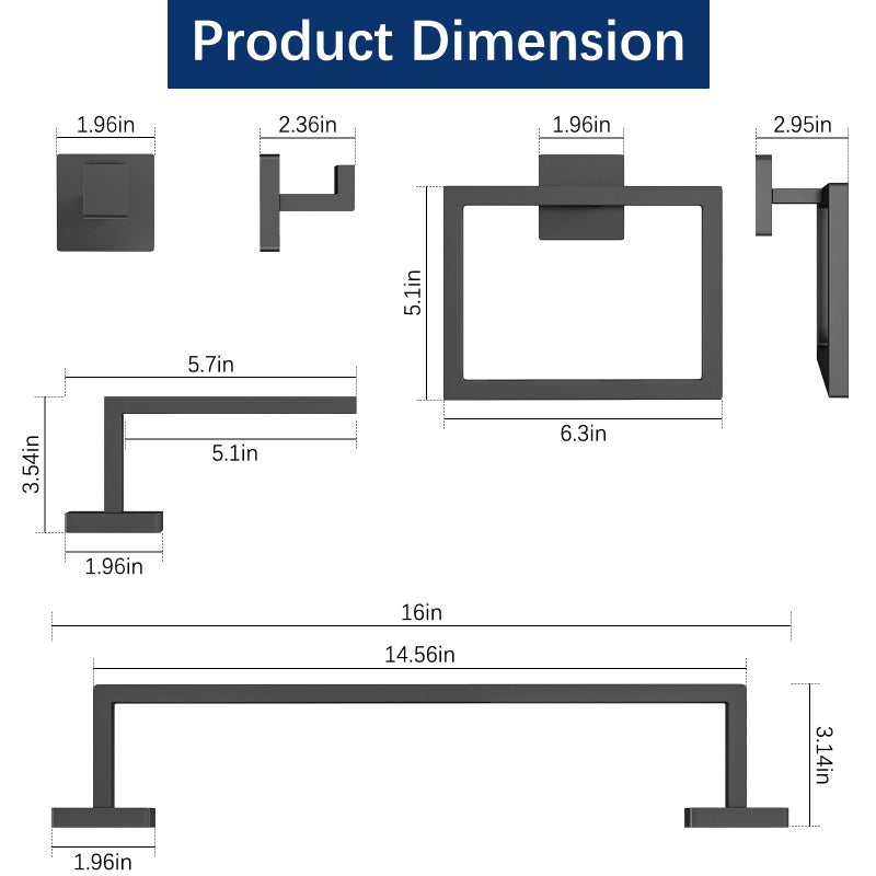 Gypie 5-Piece Bathroom Hardware Accessories Set, Towel Racks for Bathroom Wall Mounted Stainless Steel, Matte Black Towel Bar Set 16In - Image 5