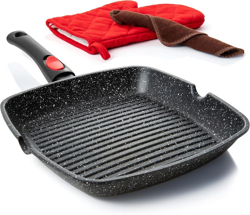 Moss & Stone Square Grill Pan for Indoor Cooking, 11-Inch Nonstick Griddle Skillet with Removable Handle, RV Die-Cast Aluminum Stove Top Grill Pan for Meats & Vegetables, Detachable Handle - Image 1
