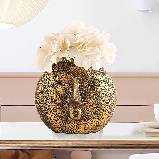 DECORATIVE HAND PAINTED FACE PLANTER VASE DIY HOME DECOR FLOWER VASE FOR LIVING ROOM TABLE GOLD