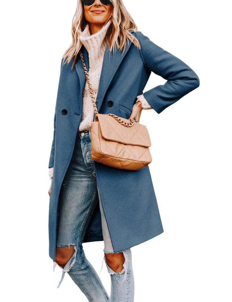 Tanming Women's Notch Lapel Double Breasted Wool Blend Mid Long Pea Trench Coat (Blue-L) - Image 2