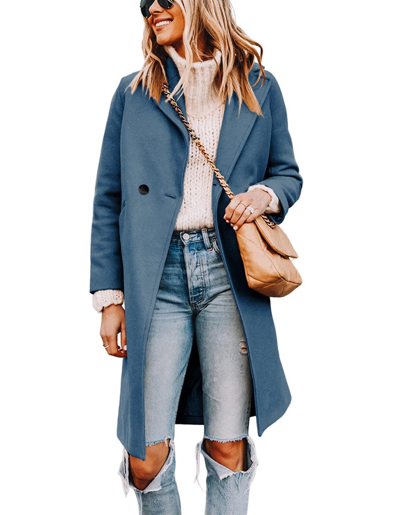 Tanming Women's Notch Lapel Double Breasted Wool Blend Mid Long Pea Trench Coat (Blue-L) - Image 1