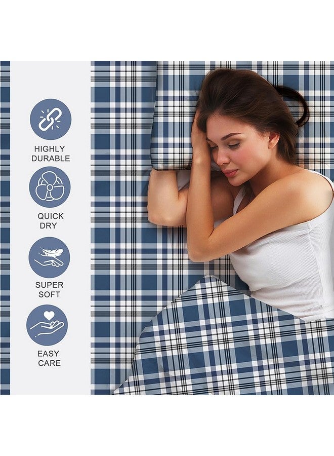 Layers Zen Cotton Blend King Bedsheet Set (Oeko Tex Certified) | 1 King Cotton Bedsheet & 2 Pillow Covers | Breathable & Anti-Wrinkle | 225 CVC | (Checks Print, Navy Blue) - Image 3