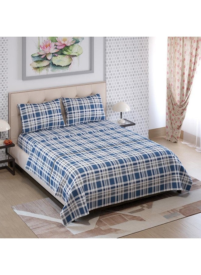 Layers Zen Cotton Blend King Bedsheet Set (Oeko Tex Certified) | 1 King Cotton Bedsheet & 2 Pillow Covers | Breathable & Anti-Wrinkle | 225 CVC | (Checks Print, Navy Blue) - Image 4