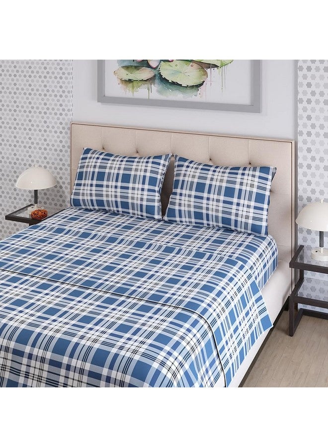 Layers Zen Cotton Blend King Bedsheet Set (Oeko Tex Certified) | 1 King Cotton Bedsheet & 2 Pillow Covers | Breathable & Anti-Wrinkle | 225 CVC | (Checks Print, Navy Blue) - Image 2