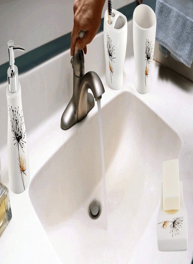 HOME-X Bathroom Accessory Set, 4-Piece Set with Soap Dish, Liquid Dispenser, Tumbler, and Toothbrush Holder, White with Flower Print - Image 3