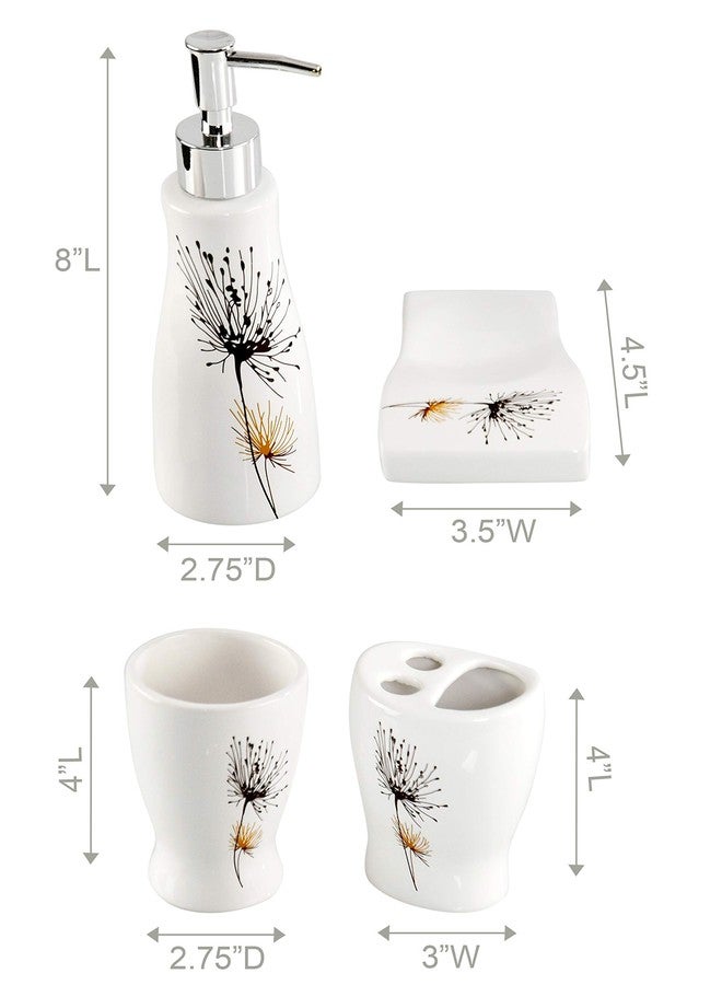 HOME-X Bathroom Accessory Set, 4-Piece Set with Soap Dish, Liquid Dispenser, Tumbler, and Toothbrush Holder, White with Flower Print - Image 4