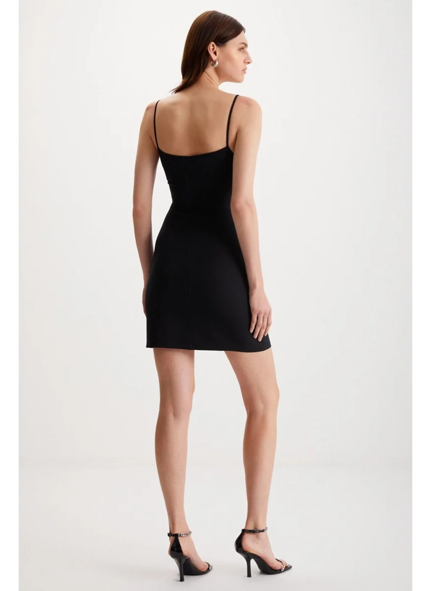 جريميلانج Manuela Women's Strappy Mini Length Flexible Knitted Fabric Slim Fit Black Dress