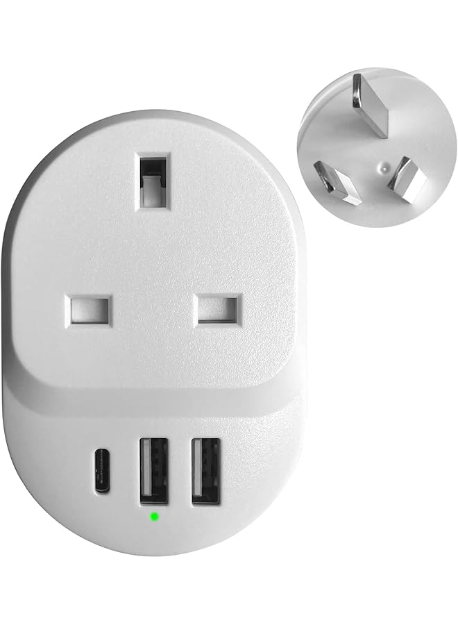 promass UAE/KSA/UK to Australia/China Travel Plug Adapter with 2xUSB+1xType C Ports, Compact Wall Extender Power Socket, 18W, Electric Safety Protection and Fire Retardant for Travel, Office and Home - Image 1