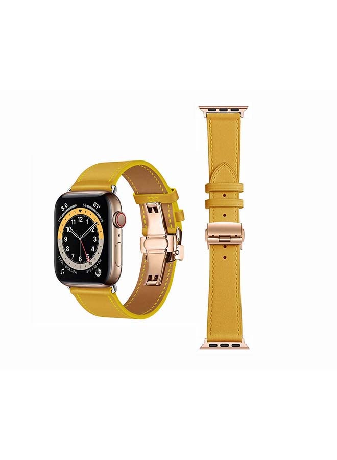 Perfii Genuine Leather Replacement Band with Golden Buckle for Apple Watch Series 6/SE/5/4/3/2/1 44/42mm Yellow - Image 1