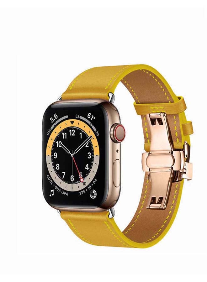 Perfii Genuine Leather Replacement Band with Golden Buckle for Apple Watch Series 6/SE/5/4/3/2/1 44/42mm Yellow - Image 2