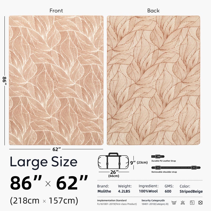 Molithe بطانية موليذ 100% صوف، 62" × 86"، دافئة، سميكة، قابلة للغسل، بطانية صوف عسكرية، رائعة للتخييم، في الهواء الطلق، الفعاليات الرياضية، مجموعات البقاء على قيد الحياة - Image 4