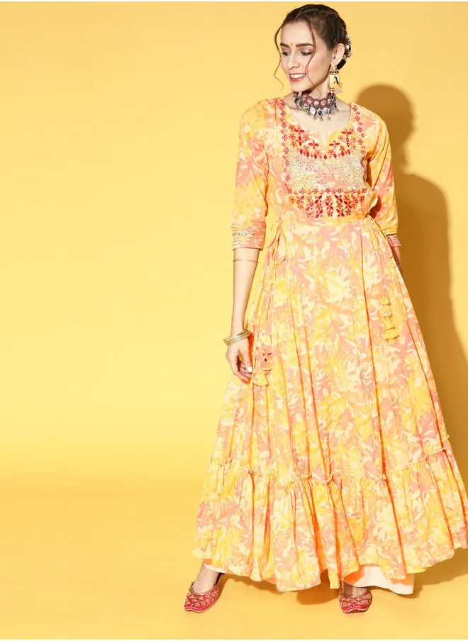 آي شين Aline Fit Self Design Pattern Round Neck Neck Three-Quarter Sleeves Yellow Colour Knitted Cotton Kurtas for Women with Semi Elastic Closure - A Timeless Addition to Your Collection