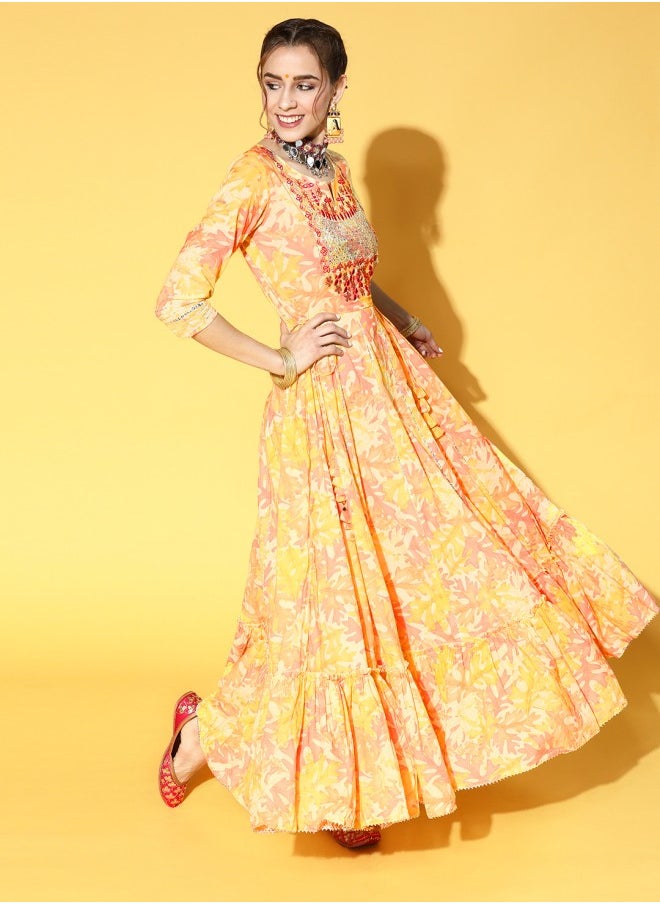 ISHIN Aline Fit Self Design Pattern Round Neck Neck Three-Quarter Sleeves Yellow Colour Knitted Cotton Kurtas for Women with Semi Elastic Closure - A Timeless Addition to Your Collection  - Image 2