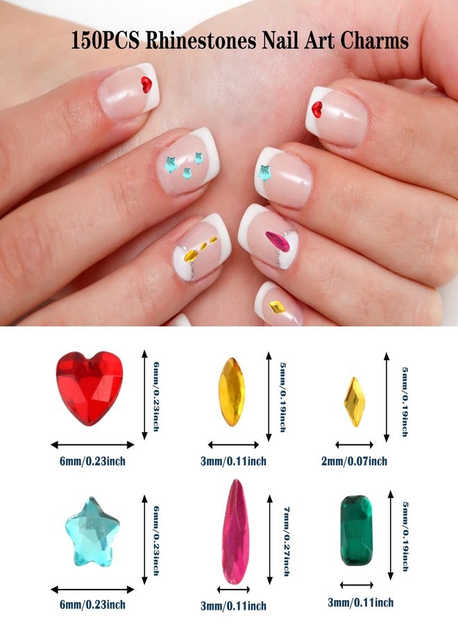 HLTOO 150PCS Rhinestones Nail Art Charms, Colorful Flatback Crystal Gems Nail Art Accessories Decoration, Heart Star Water-Drop Round Geometric Multi Shapes Rhinestones for Crafts Nail Supplies - Image 2