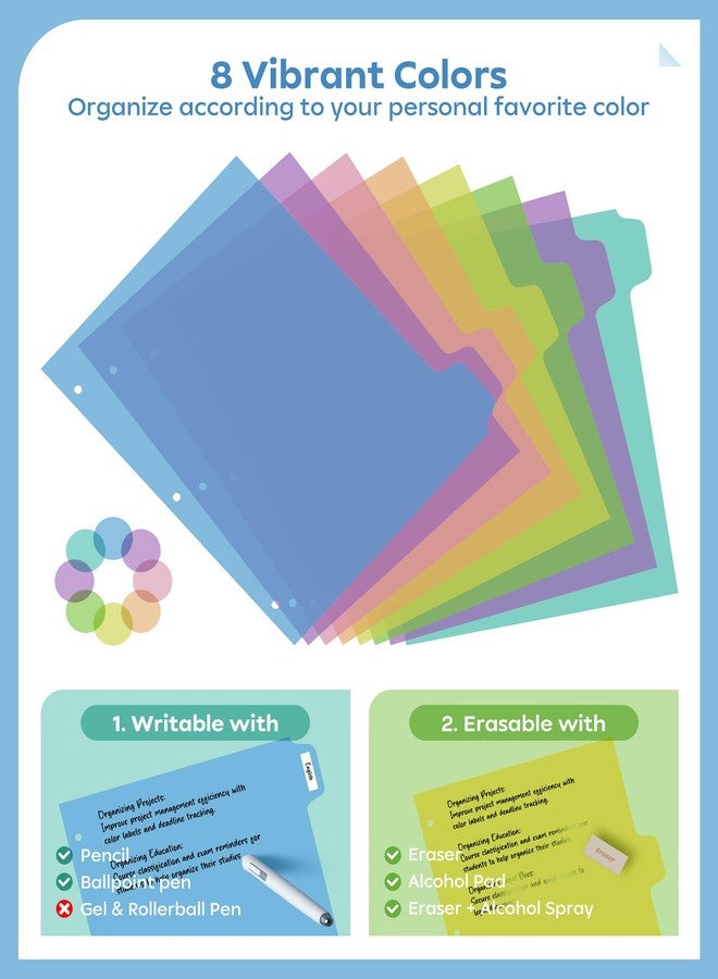 BiuLeon 16 PCS 8 Tab Binder Dividers for 3 Ring Binder,Thicken, Write & Erase Reusable Waterproof Plastic Binders for School & Office Files, 2 Set, Extra 40 Labels - Image 3