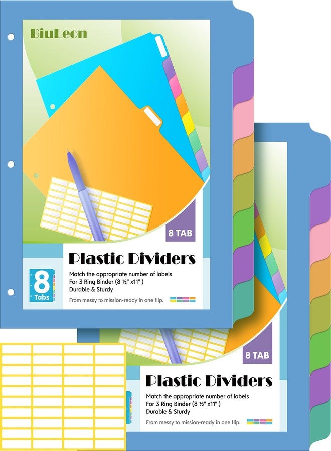 BiuLeon 16 PCS 8 Tab Binder Dividers for 3 Ring Binder,Thicken, Write & Erase Reusable Waterproof Plastic Binders for School & Office Files, 2 Set, Extra 40 Labels - Image 1
