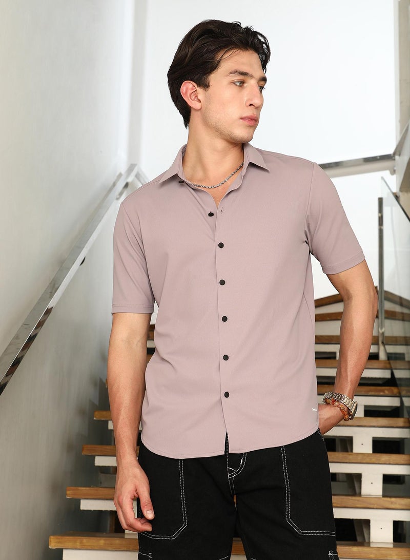 Campus Sutra Campus Sutra Men's Nude Beige Seamless Waffle-Knit Shirt | Slim Fit Short Sleeve Point Collar Solid Pattern | Premium Nylon Blend & Breathable Stretchable Fabric For Everyday Wear - Image 2