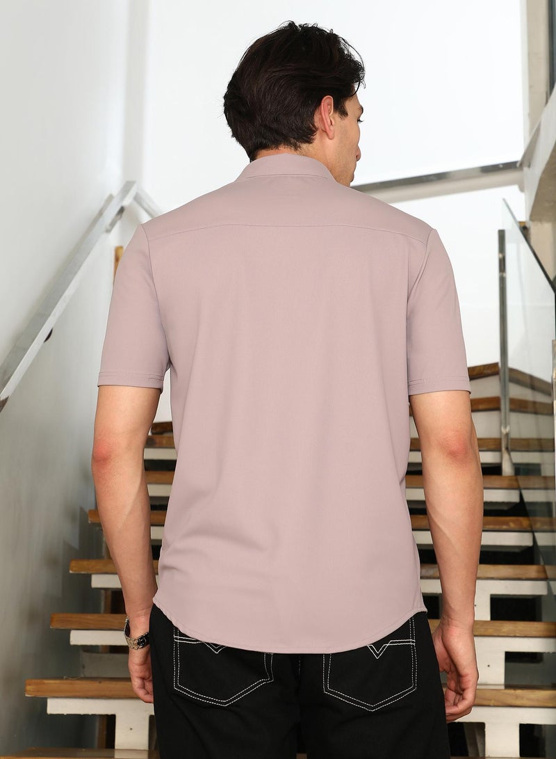 Campus Sutra Campus Sutra Men's Nude Beige Seamless Waffle-Knit Shirt | Slim Fit Short Sleeve Point Collar Solid Pattern | Premium Nylon Blend & Breathable Stretchable Fabric For Everyday Wear - Image 5