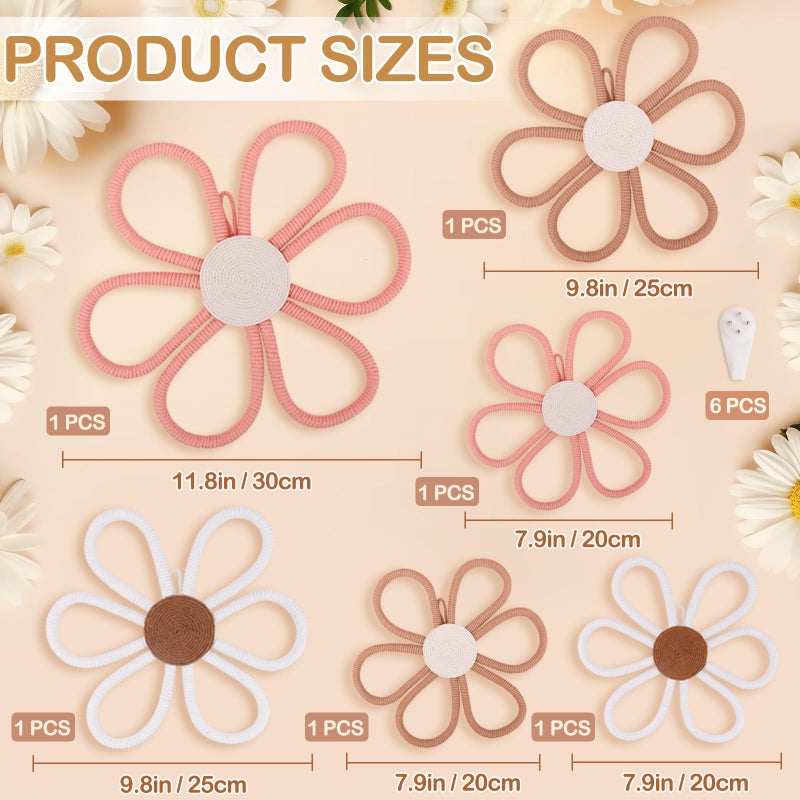 Zealor 6 Pcs Boho Daisy Flower Wall Art Decor Set, 3 Size Nursery Woven Floral Hanging Wall Decorations for Home Dorm Bedroom Indoor Farmhouse Housewarming (Pink, Brown, White) - Image 2