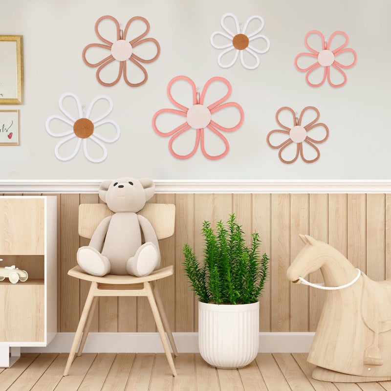Zealor 6 Pcs Boho Daisy Flower Wall Art Decor Set, 3 Size Nursery Woven Floral Hanging Wall Decorations for Home Dorm Bedroom Indoor Farmhouse Housewarming (Pink, Brown, White) - Image 5
