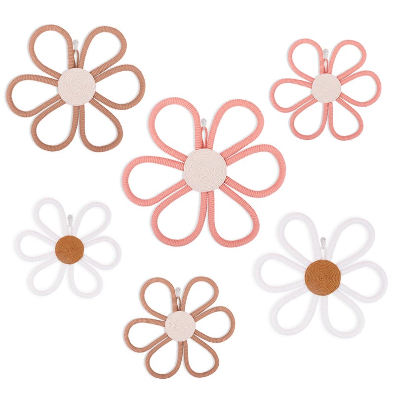 Zealor 6 Pcs Boho Daisy Flower Wall Art Decor Set, 3 Size Nursery Woven Floral Hanging Wall Decorations for Home Dorm Bedroom Indoor Farmhouse Housewarming (Pink, Brown, White) - Image 1
