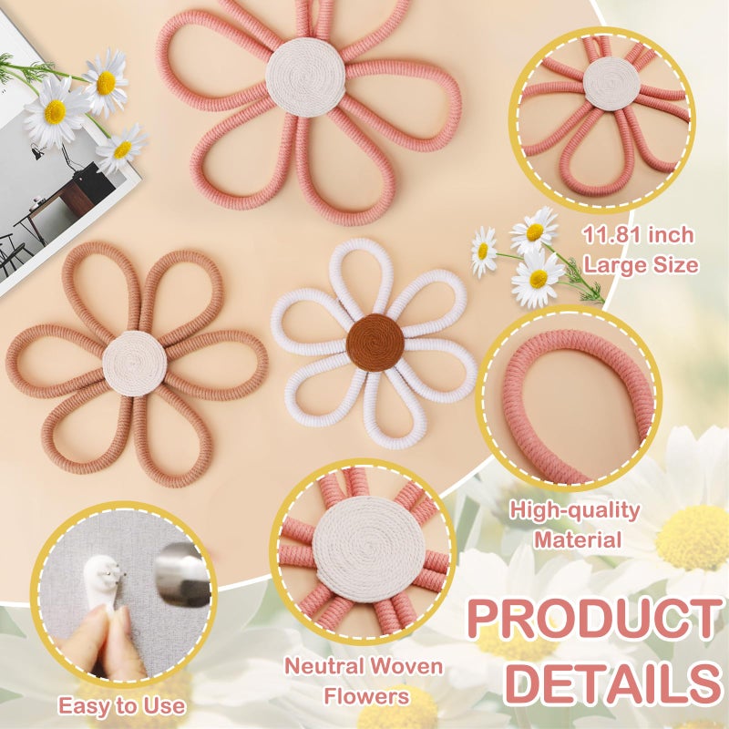 Zealor 6 Pcs Boho Daisy Flower Wall Art Decor Set, 3 Size Nursery Woven Floral Hanging Wall Decorations for Home Dorm Bedroom Indoor Farmhouse Housewarming (Pink, Brown, White) - Image 3