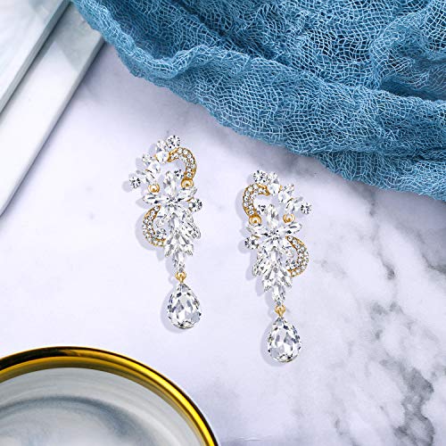 BriLove Wedding Bridal Dangle Earrings for Women Bohemian Boho Crystal Flower Chandelier Teardrop Bling Jewelry Clear Gold-Toned - Image 5
